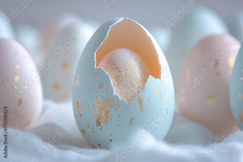 Macro shot of a single cracked Easter egg with water droplets among a collection of colorful, intact eggs..