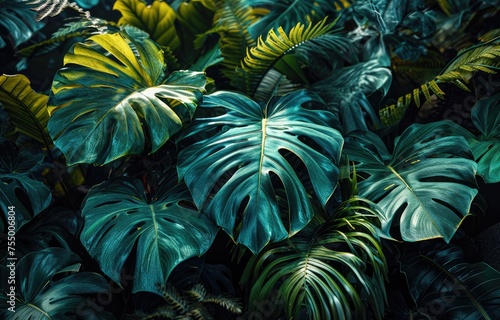 background of dark green tropical leaves, monstera, palm.