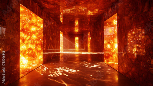 Imaginary interior of empty room with walls made of amber