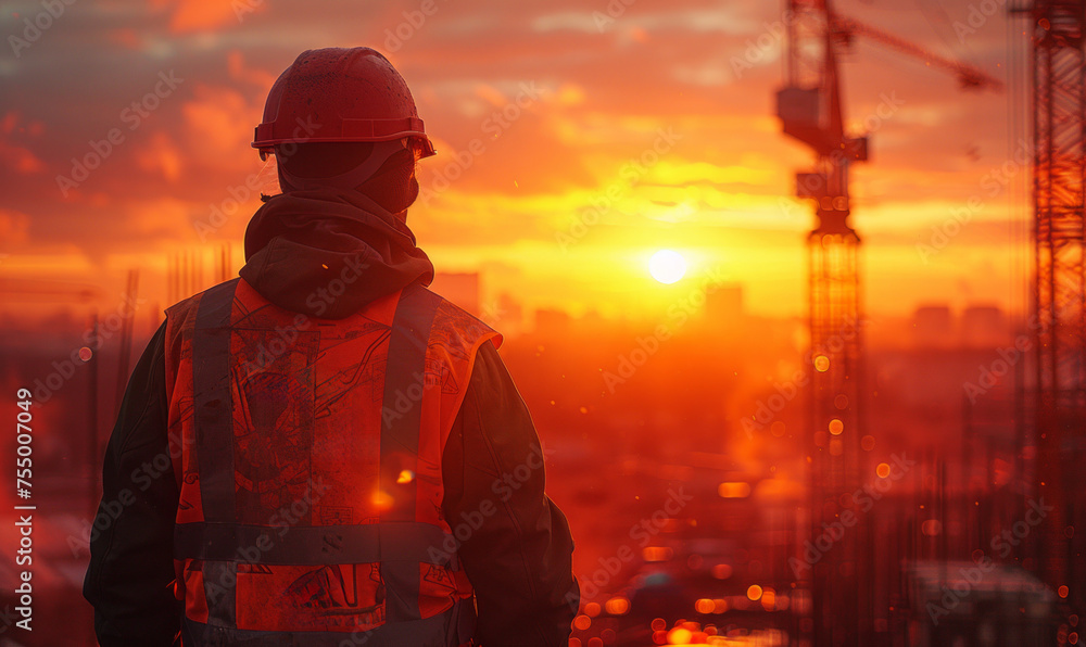 Silhouette of worker on background of construction site Silhouette of worker on background of construction site