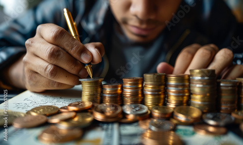 Man counts coins on table.