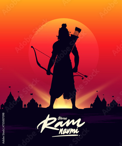Shree Ram Navami, vector Illustration, silhouette of Lord Ram bow arrow and Ayodhya Ram temple background 
