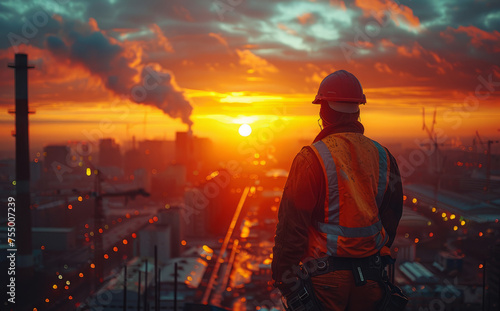 Man is engineer looking at the city from high point of view at sunset. The man is wearing helmet and safety equipment.