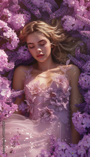 Beautiful woman in purple dress laying in a field of lavender blossoms on a sunny day