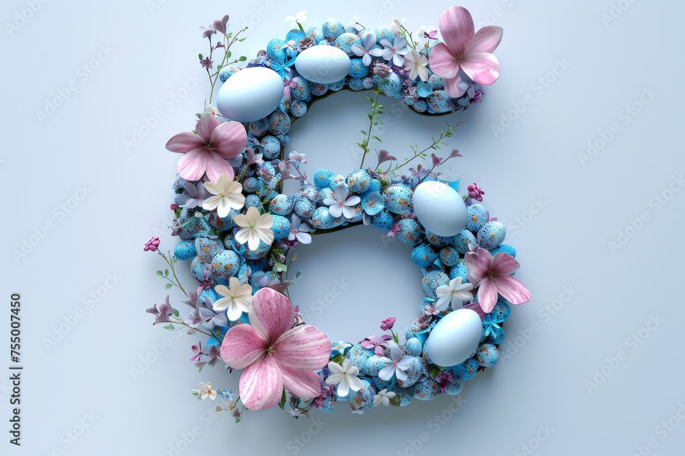 Colorful Easter-themed 3D illustration of the letter with flowers and eggs. Colorful Easter-themed 3D illustration of the letter with flowers and eggs.