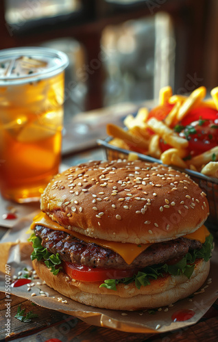 Cheeseburger and french fries with glass of iced tea