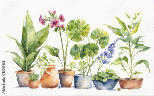 The concept of gardening in watercolor style. Garden supplies.