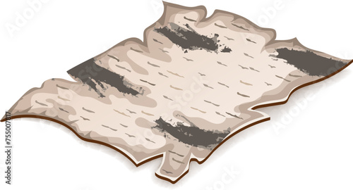 Isometric birch bark of magic spells and witchcraft, royal scroll and parchment, old paper for computer game. Fairy tale manuscript in cartoon style. Isolated vector illustration.
