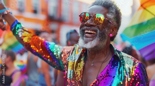 Happy black senior gay man celebrating pride festival parade with a rainbow flag on a sunny summer day. Candid gay pride celebrations with inclusive and diverse homosexual mature people.
