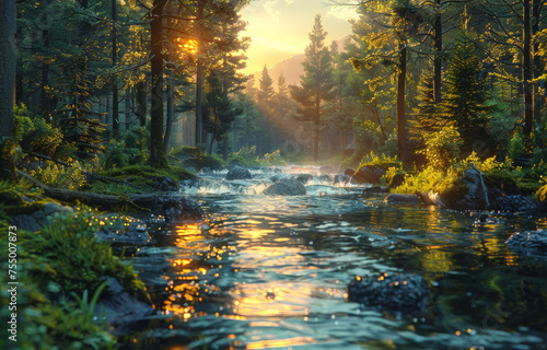 Beautiful forest with river in the sunlight
