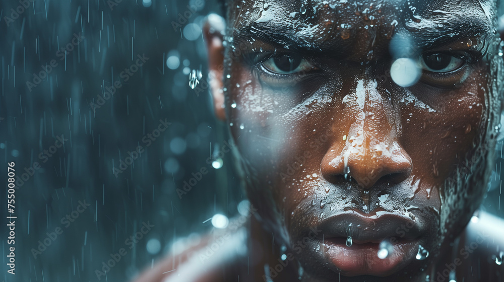 Close-up of a man's face with water droplets, capturing a moment of determination or contemplation in the rain. Close-up of a man's face with water droplets, capturing a moment of determination or contemplation in the rain.
