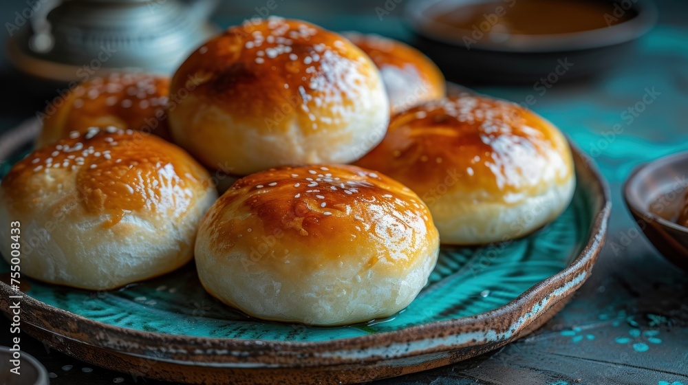 a close up of a plate of buns on a table with dipping sauces in a bowl in the background.