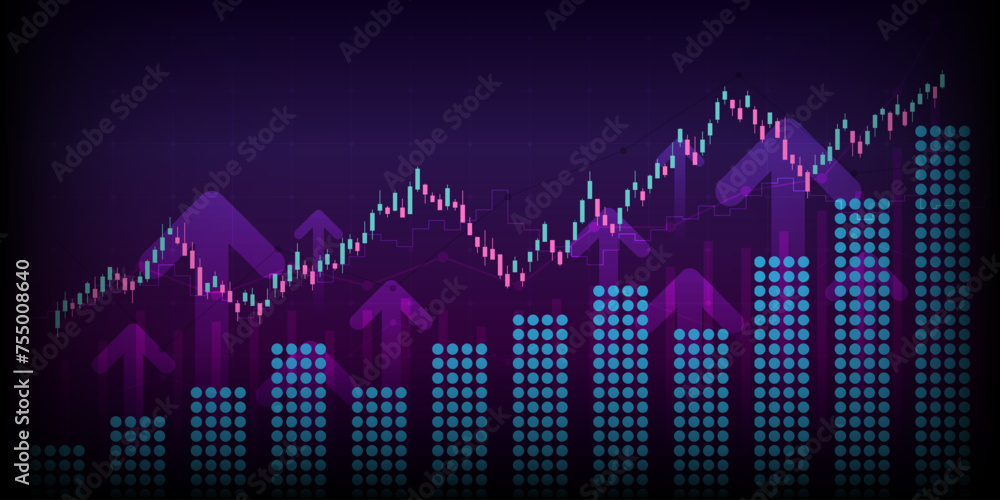 Financial graph with moving up arrow and line chart in stock market on neon color Widescreen background
Financial graph with moving up arrow and line chart in stock market on neon color Widescreen background