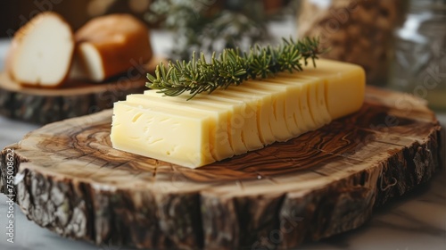 a piece of cheese with a sprig of rosemary sitting on top of a piece of cheese on a piece of wood. photo