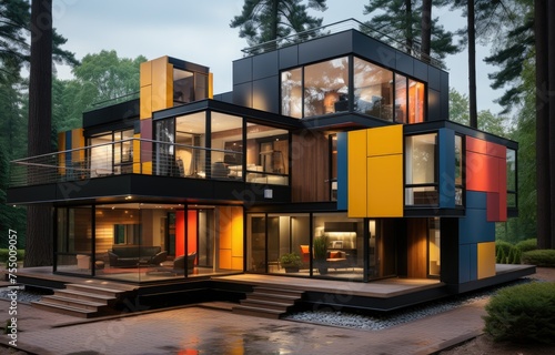 A beautiful house with large windows is situated in the heart of a dense forest.