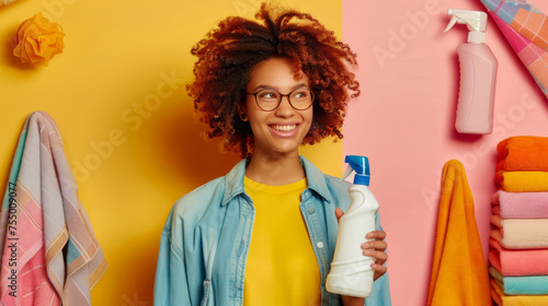 An environmentally-conscious woman with glasses holds a laundry detergent bottle photo
