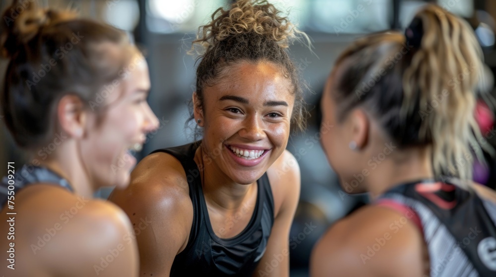 Female gym buddies share a laugh after a successful workout, enjoying each other's company as they unwind.