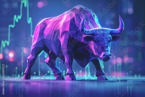 The digital artwork of a polygon bull exudes a fine-art sensibility with its soothing blue and purple gradient and smooth transition. photo