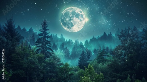 The moon's silver glow illuminates the forest, casting eerie shadows as owls hoot and creatures stir in the darkness.