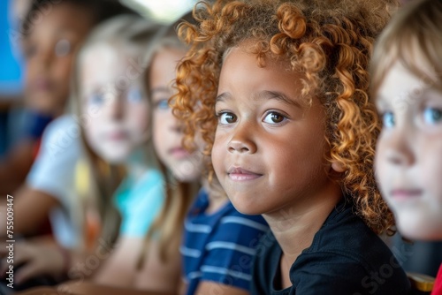 Group of kids from different backgrounds engaging in computer education at school.