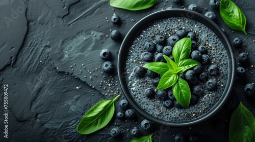 a bowl filled with blueberries and green leaves on top of a black surface with a green leaf on top of the bowl.