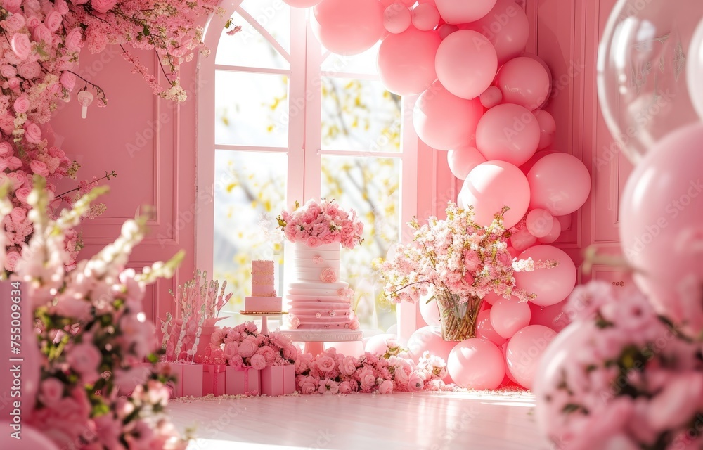 birthday pink decor backdrop , pink birthday cake, pink balloons