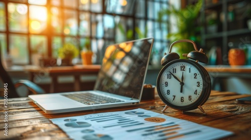 Entrepreneur manages workday efficiently with laptop in office, as alarm clock reminds of time management.