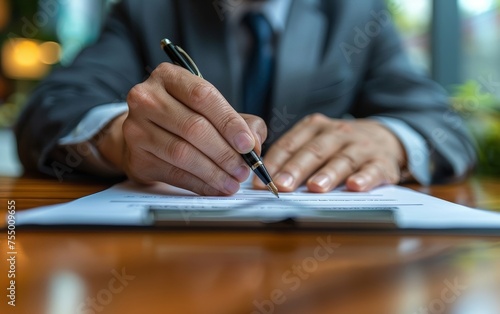 Businessman in co-working space finalizes deal by signing contract on desk.