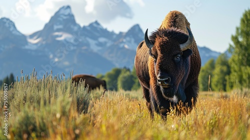 Bison in front of Grand Teton Mountain range with grass in foreground, Wildlife Photograph