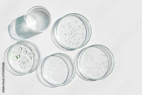 Petri dish, gel, flask, crystallization bowl. Test tubes, Laboratory. View from above. Medicine, gel texture, white, pipette, samples, research. Material collection. Glass baguette.
