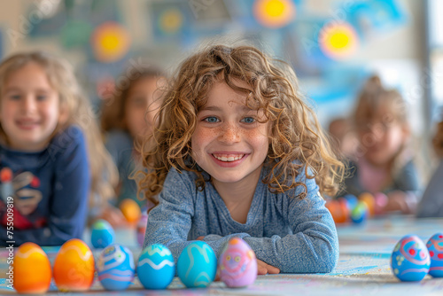 Focused child creatively decorating Easter eggs with colorful patterns at a home setting..