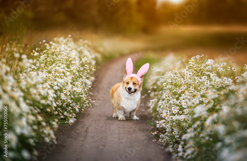 festive adorable puppy corgi dog in bunny ears, runs along a path along a flo...