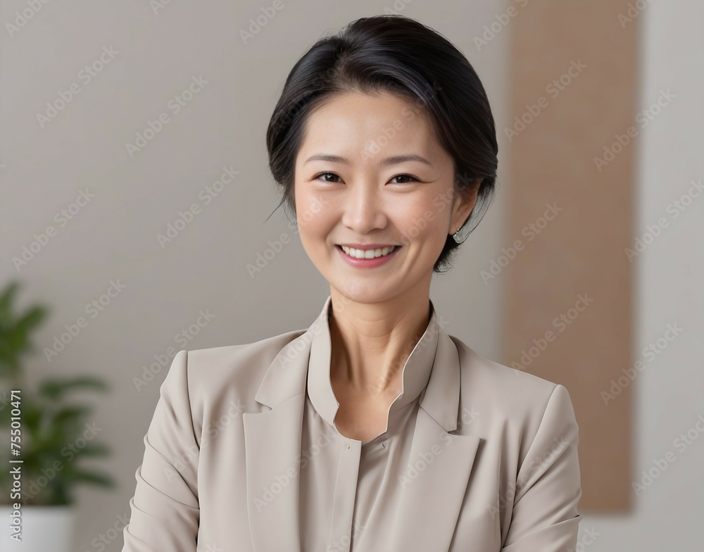 Portrait of a smiling elegant middle-aged Asian businesswoman, a female company manager, a happy female manager Portrait of a smiling elegant middle-aged Asian businesswoman, a female company manager, a happy female manager