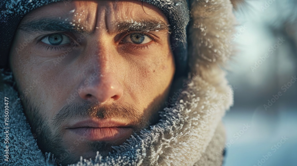 Frosty Morning, Close-Up of a Jogger's Face, Breath Clouding in the Cold Air, Early Morning City Park Setting, Determination Against the Cold Frosty Morning, Close-Up of a Jogger's Face, Breath Clouding in the Cold Air, Early Morning City Park Setting, Determination Against the Cold
