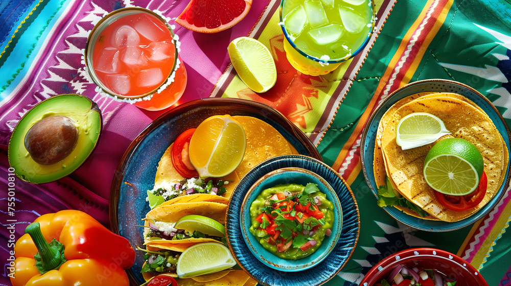 Traditional Mexican cuisine with refreshing margaritas, freshly made guacamole, and tacos, all laid out on an intricately patterned tablecloth, perfect for a festive Cinco de Mayo celebration