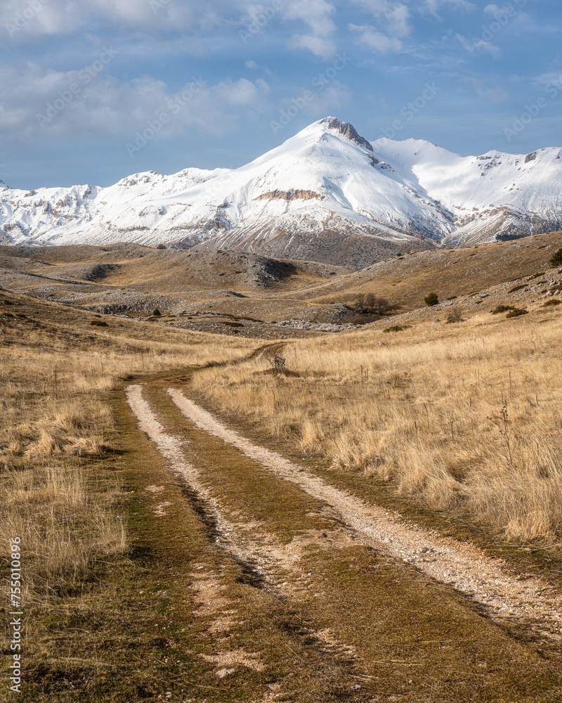 Amazing panoramic winter view in the Gran Sasso e Monti della Laga National Park. Abruzzo, central Italy. Amazing panoramic winter view in the Gran Sasso e Monti della Laga National Park. Abruzzo, central Italy.