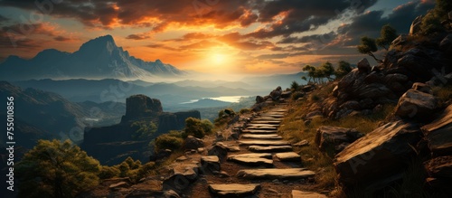 stairway to climb the mountain at sunset