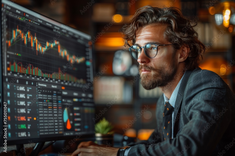 Business leader analyzes business metrics and market graphs on digital platform Business leader analyzes business metrics and market graphs on digital platform