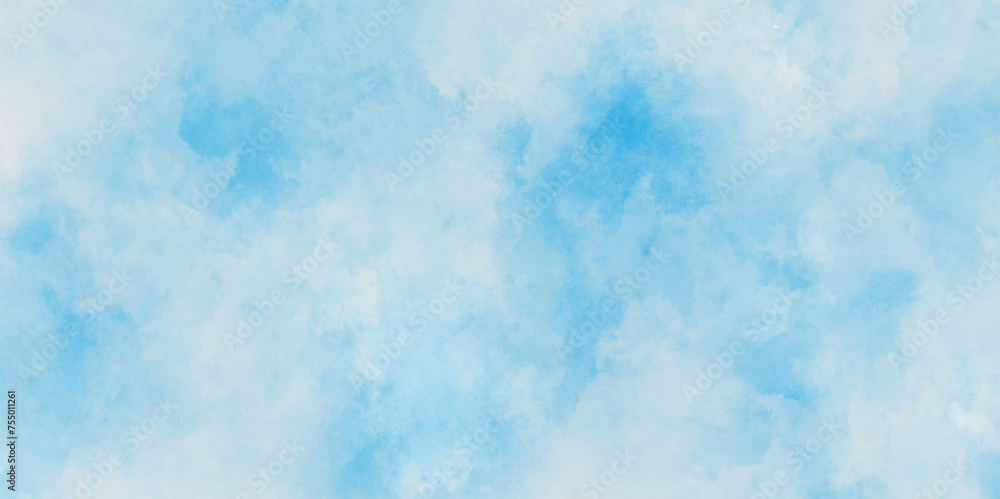 Aquarelle painted fresh and cloudy sky with clouds, Blue winter vector watercolor art background with clouds, abstract blue Soft cumulus cloudscape sky, wet ink effect sky blue color watercolor.	