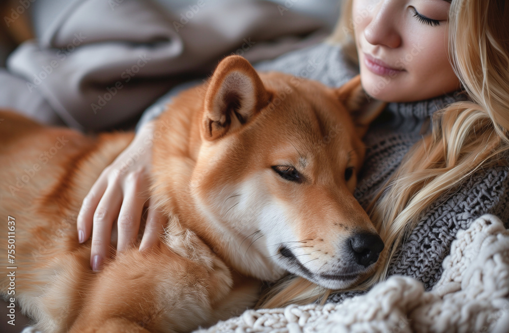 A woman caresses a cute red dog, Shiba Inu, sleeping on her lap. close-up. Trust, calmness, care, friendship, the concept of love. A woman caresses a cute red dog, Shiba Inu, sleeping on her lap. close-up. Trust, calmness, care, friendship, the concept of love.