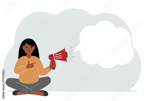 A woman with a mouthpiece in his hand sits cross-legged. From loudspeaker bubbles to accommodate text.