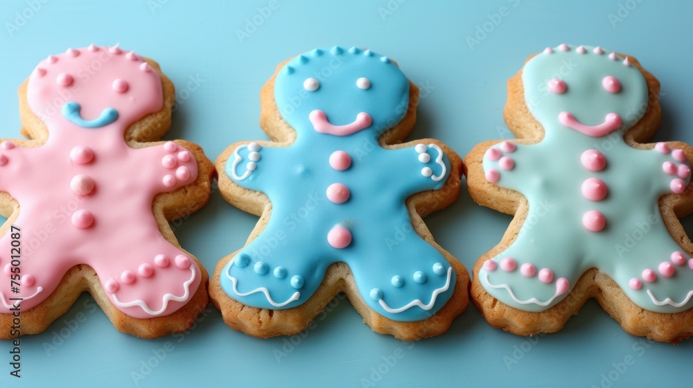 three decorated cookies in the shape of a man and a woman on a blue and pink background with pink, blue, and white icing.