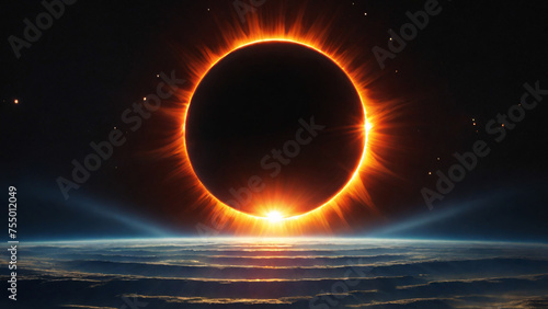 Total solar eclipse in outer sky, close-up.