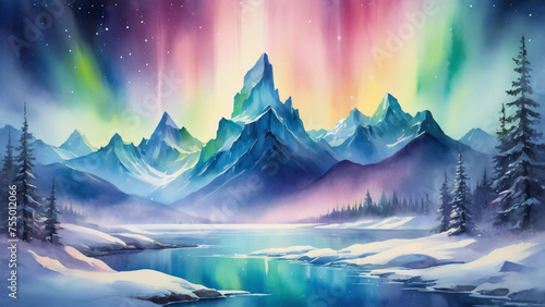Frozen lake, mountains and forests covered with snow and northern lights, winter background.
