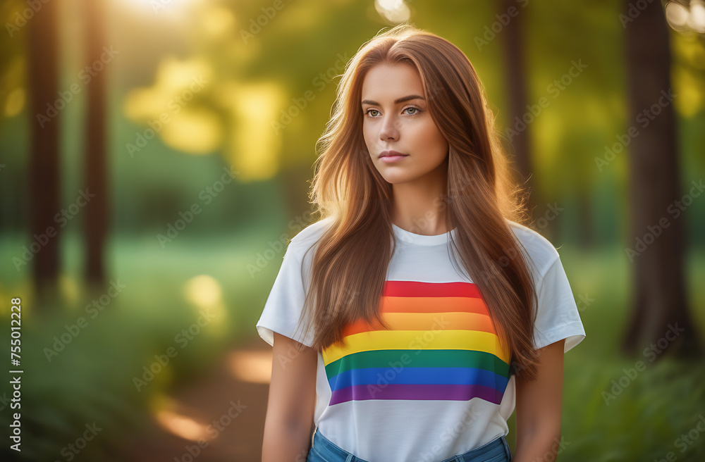 A young girl with a beautiful appearance and clear skin, with long hair in a white T-shirt with a flag on a white background A young girl with a beautiful appearance and clear skin, with long hair in a white T-shirt with a flag on a white background