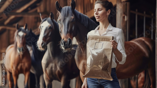 A professional young woman showcases a clear feed bag in a stable environment, illustrating equine care photo