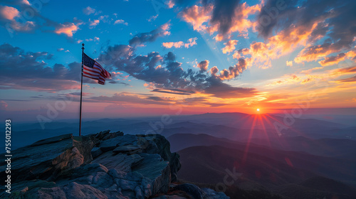 flag of United State of America in the mountain at the wonderful sunset 