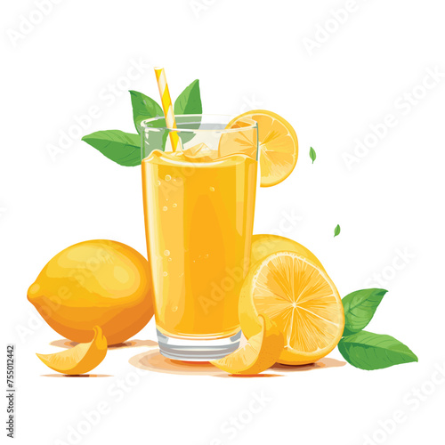 Vector orange juice healthy drink in glass and citrus fruit is isolated in the background