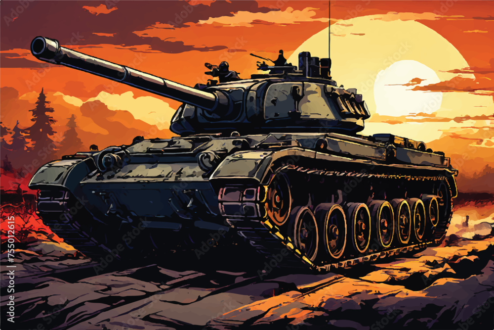An illustration of an Army tank in combat. A scene from a battleground including a military machine tank. A combat tank. Battle-tank. army tank in the military. Armament Car. War machine. Tank. 

