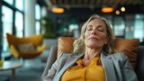 Serene Repose, serene middle-aged woman with closed eyes, reclining peacefully in a modern lounge setting, embodies tranquility and self-care